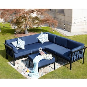 6-Piece Metal Outdoor Sectional Set with Blue Cushions