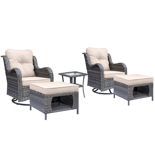 DWIOM Gray 5-Piece Wicker Patio Conversation Set Swivel