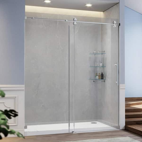 ANGELES HOME 56-60 in. W x 76 in. H Frameless Single Tub Door Shower Door in Brushed Nickel with Tempered Glass,Smooth Sliding