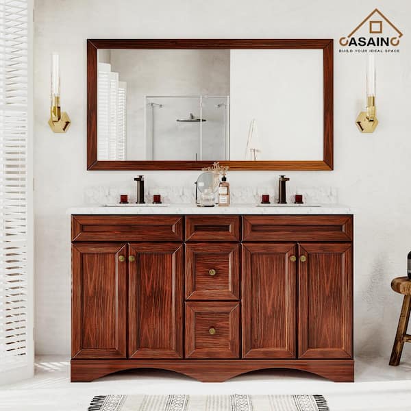 CASAINC 60 in. W x 22 in. D x 35.4 in. H Freestanding Double Sink Bath Vanity in Traditional Brown with Carrara Top and Mirror