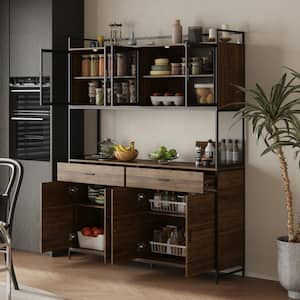 Coffee Brown Wood 63 in. W Kitchen Buffet Sideboard Pantry Cabinet For Dining Room with Metal Mesh Doors, Drawers