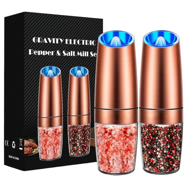 Gravity Electric Pepper and Salt Grinder Set, Adjustable Coarseness, One Hand Operation, LED Light -Copper/2 Pack