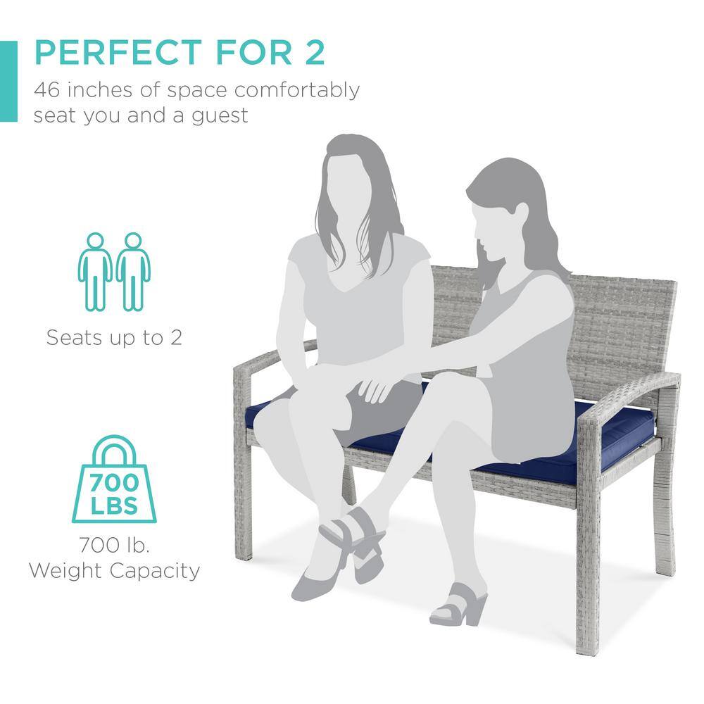 Gray Wicker 2-Person Outdoor Bench with Navy Cushion