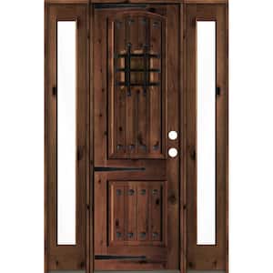 60 in. x 96 in. Mediterranean Knotty Alder Left-Hand/Inswing Clear Glass Red Mahogany Stain Wood Prehung Front Door