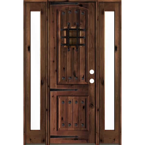 Krosswood Doors 64 in. x 96 in. Mediterranean Knotty Alder Left-Hand/Inswing Clear Glass Red Mahogany Stain Wood Prehung Front Door