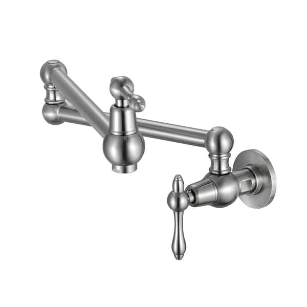 Aurora Decor ABA Wall Mount Pot Filler Solid Brass Two Handle Single Hole Folding Kitchen Faucet in Brushed Nickel