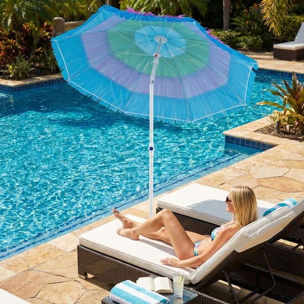 evergreen patio umbrella multicolored Clihome 6 ft. Lightweight Thatched Tiki Patio Umbrella in Colorful with Push Button Tilt and Carry Bag