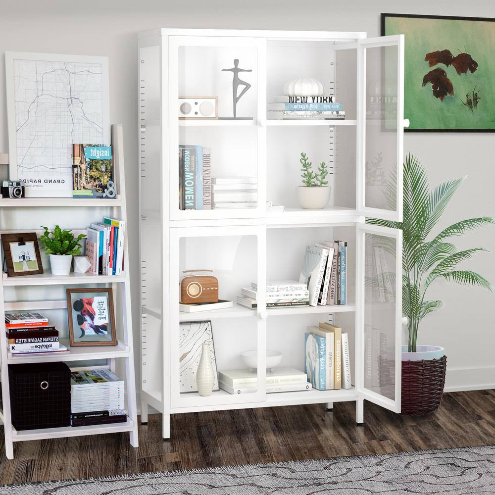 Tileon Four Glass Door Storage Cabinet with Adjustable Shelves and Feet ...