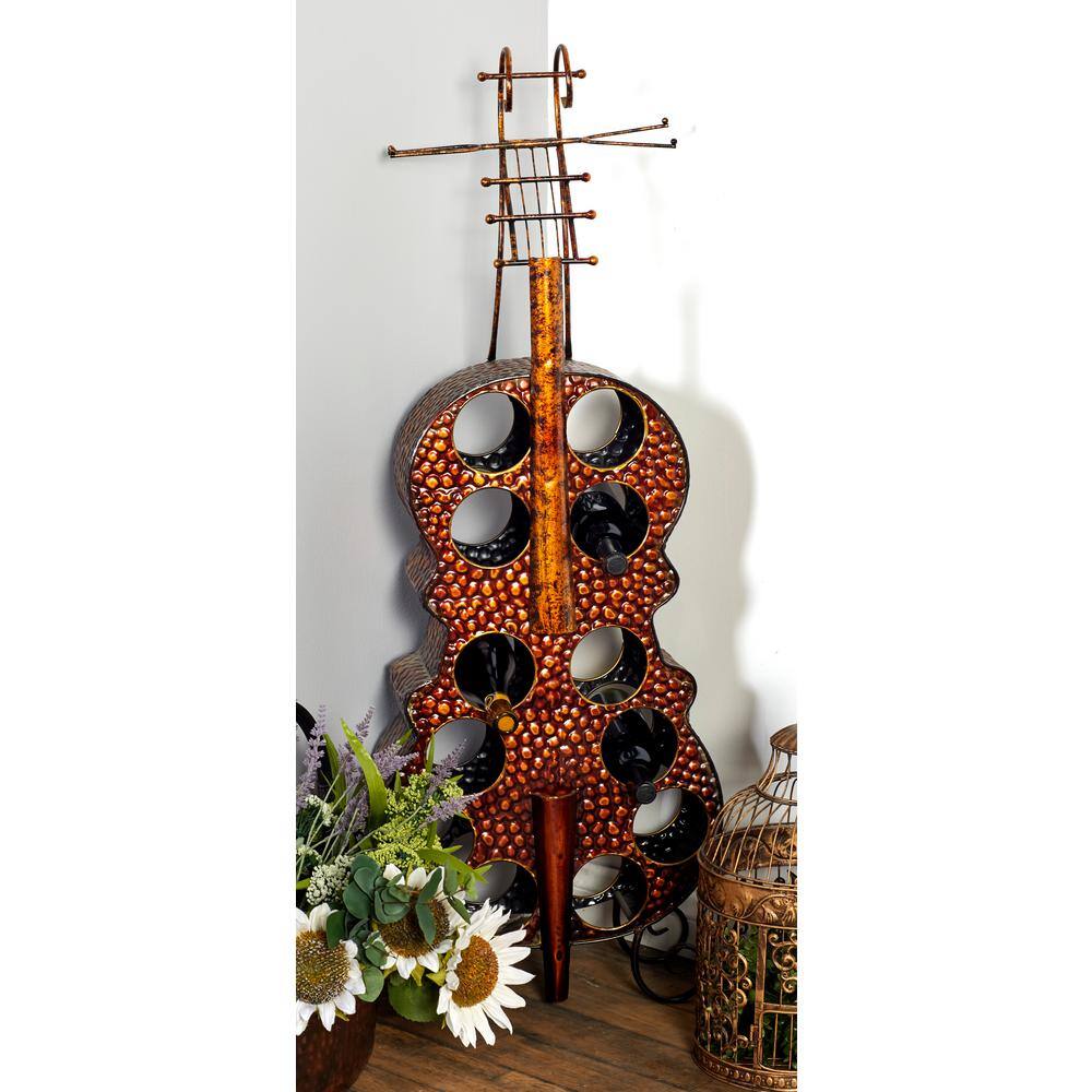 Antique Brass Cello Shaped Metal Wine Rack with Leaf Pattern