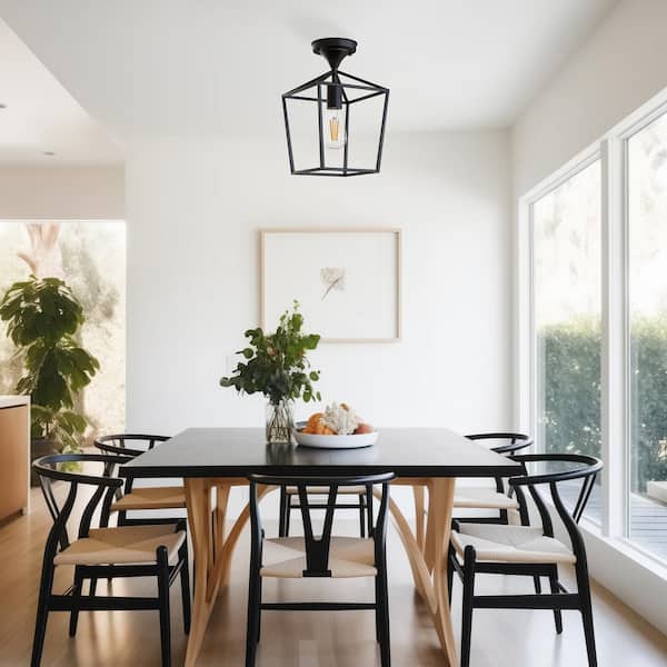 7 in. 1-Light Black Modern Industrial Square Cage Semi-Flush Mount Ceiling Light for Hallway,Bedroom,Kitchen or Entryway