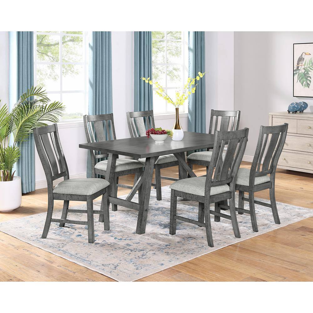 Rustic Gray Wood 7-Piece Dining Set with Light Gray Linen Upholstered Chairs