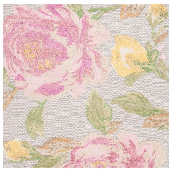 Glamour 6 ft. x 6 ft. Pink/Gray Floral High-Low Square Area Rug