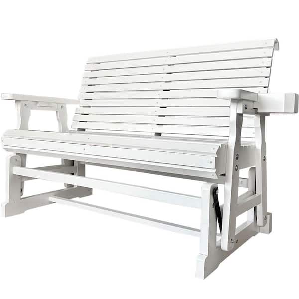 60.2 in. 2-Person White Wood Outdoor Glider with Cup Holders, High Back and Deep Contour Seat, Heavy Duty 800 lbs.