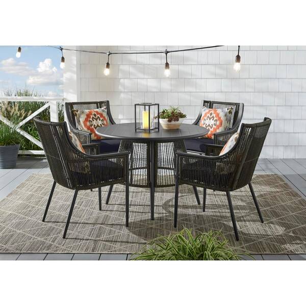 Hampton Bay Bayhurst 5 Piece Black Wicker Outdoor Patio Dining Set With Cushionguard Midnight Navy Blue Cushions H006 01411400 The Home Depot - Oakshire 5 Piece Wicker Outdoor Patio Dining Set With Tan Cushions Hampton Bay Bayhurst 5 Piece Black Wicker Outdoor Patio Dining Set With Cushionguard Midnight Navy Blue Cushions H006 01411400 The Home Depot - Oakshire 5 Piece Wicker Outdoor Patio Dining Set With Tan Cushions