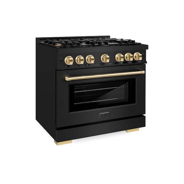 Select 36 in. 6-Burner Dual Fuel Range with Convection Oven in Black Stainless Steel and Polished Gold