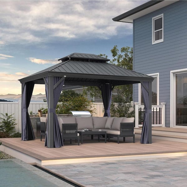 10 ft. x 12 ft. Gray Aluminum Power-Coated Frame Galvanized Steel Double Roof Hardtop Gazebo,Hooks, Netting,Blue Curtain