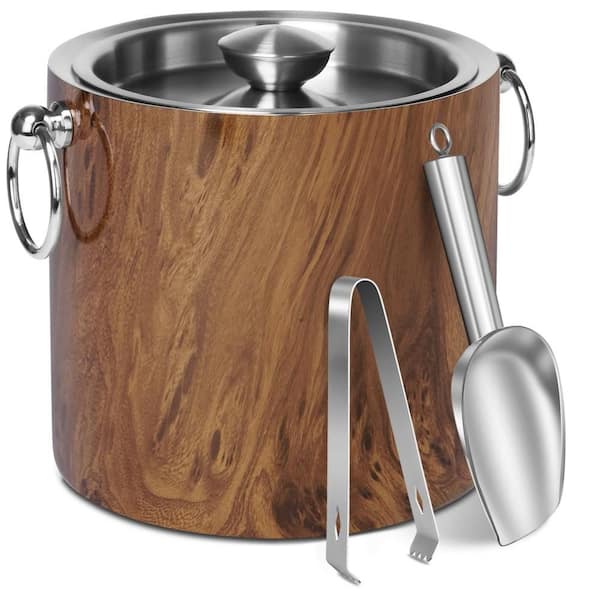 3.17 qt. Wood Grain Stainless Steel Ice Bucket with Double-Wall Insulation Lid, Ring Handle and Ice Tong for BBQ Parties