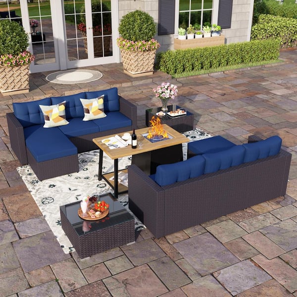 PHI VILLA Black Rattan Wicker 6 Seat 7-Piece Steel Outdoor Fire Pit Patio Set with Blue Cushions and Rectangular Fire Pit Table