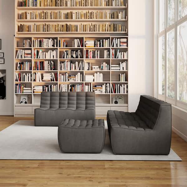Armless 3-Piece Linen Modular Sectional Sofa 82.6 in. 3-Seater Fireside Lazy Floor Couch with Loveseat Ottoman in Black