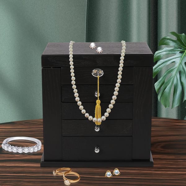 YIYIBYUS Large Black 5-Tier Wooden Jewelry Box Velvet Lining Storage  Organizer with Drawers and Mirror FSLMSGB4WDZJ8 - The Home Depot