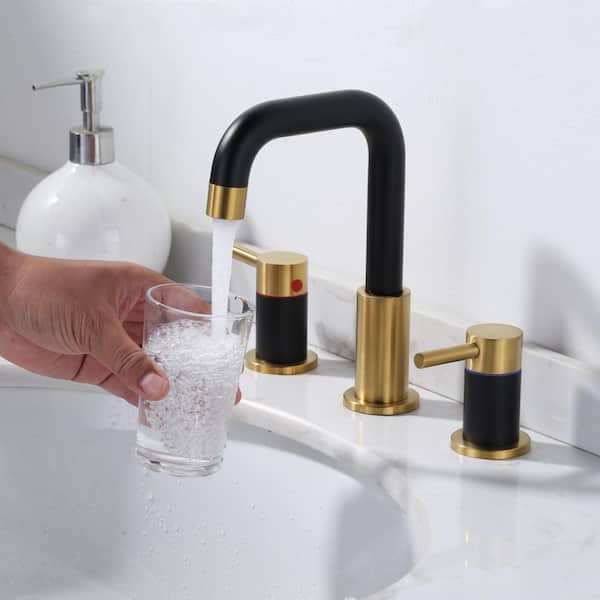 8 in. Widespread Double Handle Bathroom Faucet with Swivel Spout, 2-Aerators, Drain and Supply Lines in Black and Gold