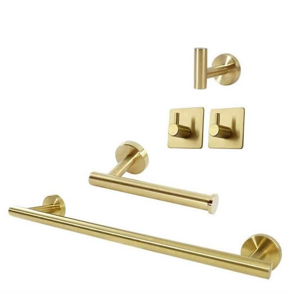 5-Piece Bath Hardware Set with 16 in. Towel Bar, Toilet Paper Holder, and  Towel Hooks in Brushed Gold