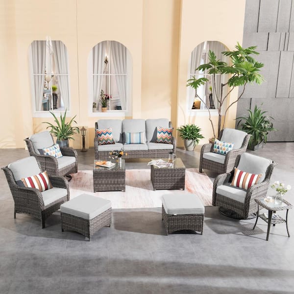 XIZZI Maroon Lake Gray 10-Piece Wicker Patio Conversation Seating Sofa Set with Gray Cushions and Swivel Rocking Chairs
