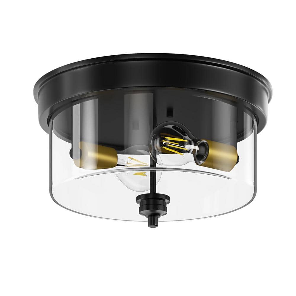 13 in. 2-Light Industrial Black Flush Mount Ceiling Light Fixture with Glas