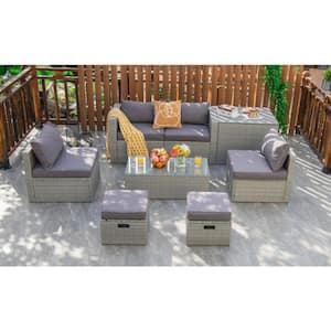 8-Piece Wicker Patio Conversation Set Furniture Set with Gray Cushions and Space-Saving Design