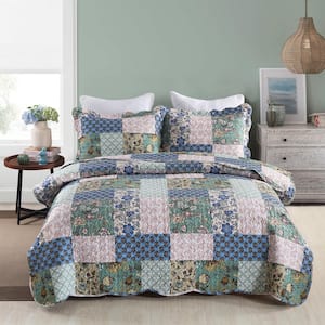 3-Piece Blue Printed Floral Polyester King Size Lightweight Quilt Set