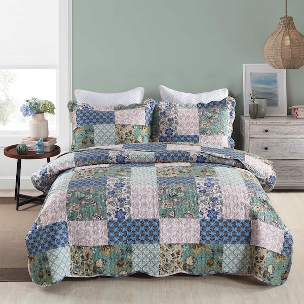 MarCielo 3-Piece Blue Printed Floral Polyester King Size Lightweight Quilt Set