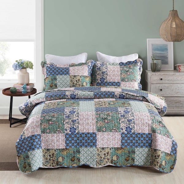 3-Piece Blue Floral Printed Polyester Queen Size Lightweight Quilt Set