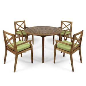 Pines Teak Brown 5-Piece Wood Outdoor Patio Dining Set with Green Cushions