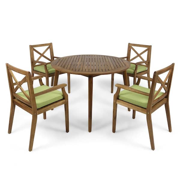 Pines Teak Brown 5-Piece Wood Outdoor Patio Dining Set with Green Cushions