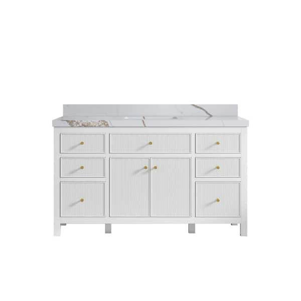 Willow Collections Sonoma 60 in. Single Sink Freestanding White Bath Vanity with Calacatta Gold Qt. Top Unassembled