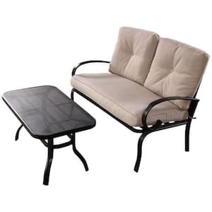 2-Piece Metal Outdoor Patio Fabric Loveseat and Table Set with Beige Cushions