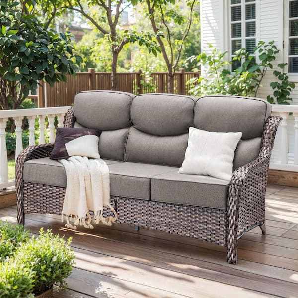 Luxurious 3-Seat Brown PE Wicker Outdoor Couch with 6 in. Olefin Gray Cushions/Patio Sofa Furniture