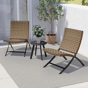 3-Piece Brown Outdoor Folding Chairs Weather Resistant Wicker Patio Lounger Chairs and Coffee Table Set