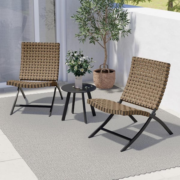 Anvil 3-Piece Brown Outdoor Folding Chairs Weather Resistant Wicker Patio Lounger Chairs and Coffee Table Set