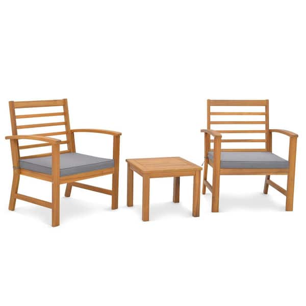 3-Pieces Furniture Set Acacia Wood Patio Conversation Set with Soft Seat Cushions Outdoor Gray