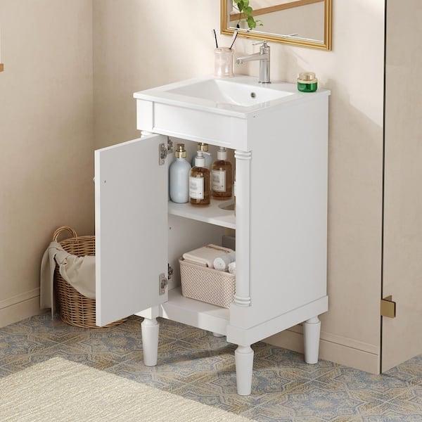 18 in. Single Sink Freestanding White Bath Vanity with White Ceramic Top, Adjustable Shelf