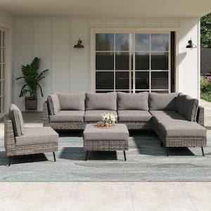 8-Piece Gray Wicker Outdoor Sectional Set with Gray Cushions