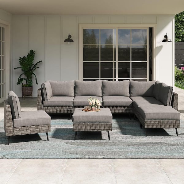 LAUSAINT HOME 8-Piece Gray Wicker Outdoor Sectional Set with Gray Cushions