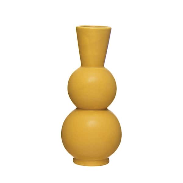 Storied Home Artisan Stoneware Flower Vase with Curved Design 3.75 in. in Matte Mustard