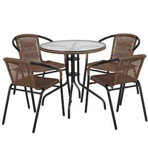 Black 5-Piece Metal Frame with Round Glass table Top Outdoor Bistro Set