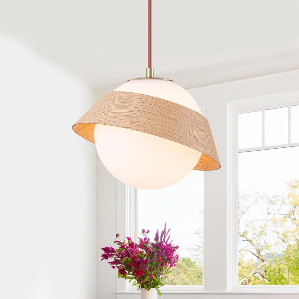 10.63 in. 1-Light Wooden Globe Hanging Pendant Light with White Glass Shade for Kitchen Island, Bedroom price history on PriceWatchPro