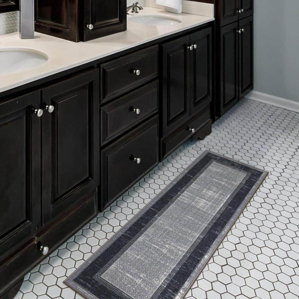 Gray and Black Machine Washable Non-Slip Runner Rug
