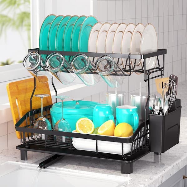 Black 2-Tier Large Capacity Dish Rack with Drainboard, Utensil Holder, Cutting Board Holder, Cup Holder