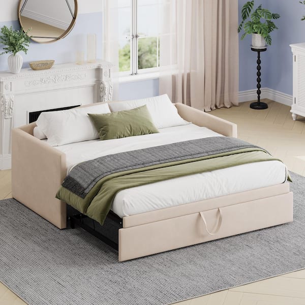 Eda Beige Twin Size Velvet Upholstered Daybed with Trundle Padded Armrests