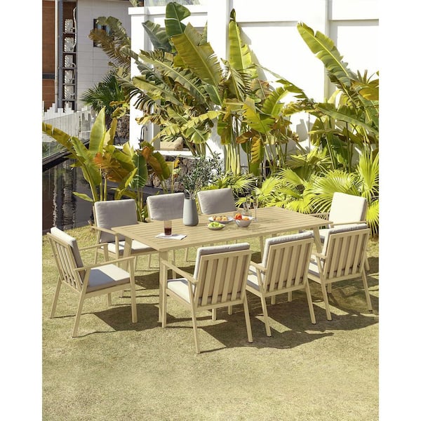 Maple Wood 9-Piece Aluminum Patio Furniture Set Outdoor Dining Set with White Cushion and Umbrella Hole
